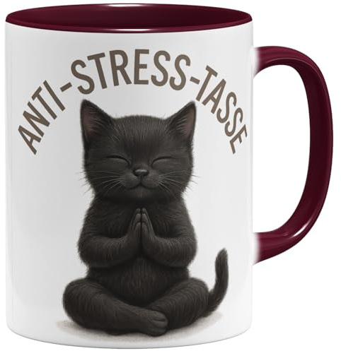 OM3® schwarzes Kätzchen Anti-Stress Kaffee-Tasse mit Spruch - lustige Keramiktasse Namaste-Motiv - Meditation Katze - Keramik Becher - 325ml - Beidseitig Bedruckt - Bordeaux