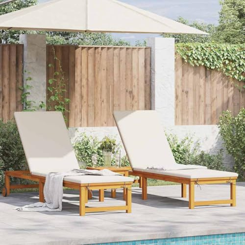 QUAHEAS Lot de 3 chaises longues en bois d'acacia massif, marron, réglable, 35 x 35 x 34 cm, pour jardin, terrasse, piscine, résistant aux intempéries