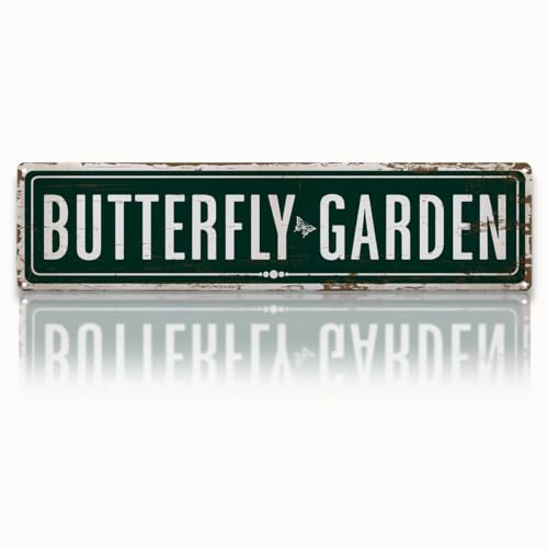 Garden Metal Tin Sign, Vintage Farmhouse Decor, Butterfly Garden Wall Art, for Yard Fence Door Porch, Rustic Indoor Outdoor Gardens Decoration, 15.7 x 3.9 Inches