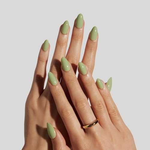 LAMIMOSA 32Pcs Sage Green Press On Nails Short Almond – Solid Color False Nails with Glue, Soft Gel Stick On Nails in 16 Sizes, Reusable Fake Nails Kit, Spring Summer Glue On Nails, SAGE