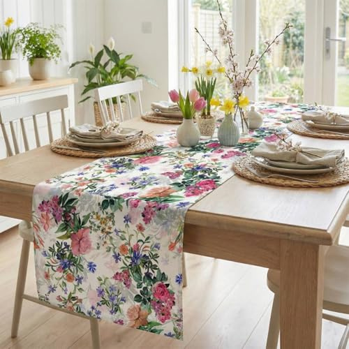 CozyHome&Living Tischläufer Wilde Rosen 40x180 cm Abwaschbar Pflegeleicht | Romantischer Tischläufer mit Wildrosen, abwaschbar und pflegeleicht für Esstisch, Familienfeiern und Festtafel