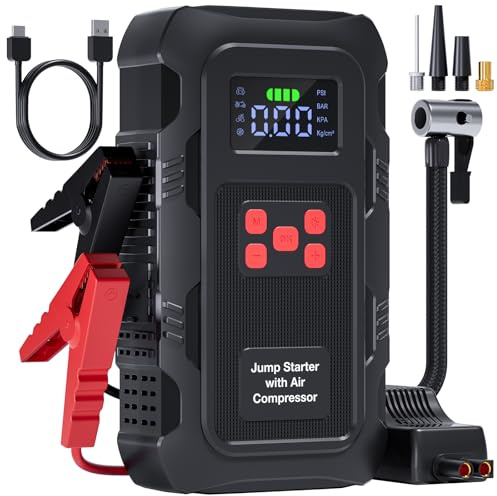 Povasee Starthilfe Powerbank für Pkw mit Kompressor 150 PSI, 9000A Starter Powerbank mit Elektrische Luftpumpe, 12V Auto Starthilfe (10L Benzin/8L Diesel), Jump Starter mit Taschenlampe (Rot)