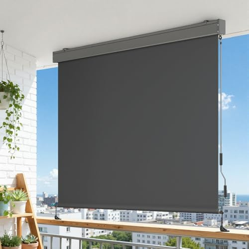 Monucep Senkrechtmarkise Außen 180 x 250cm (BxH), Vertikalmarkise 280 g/m² Polyester mit Handkurbel,Sonnenschutz,Outdoor Rollo Wetterfest für Terrasse,Balkon,Anthrazit