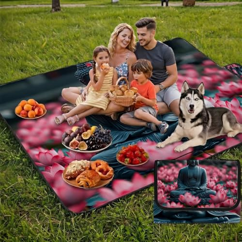 Picknickdecke Groß 200x200cm,Outdoor Picnic Blanket Wasserdicht & Sandfest Stranddecke Lotus,Campingdecke mit Verstärkter PVC-Rückseite,XXL Strandmatte Faltbar für Park,Strand,Garten-Zen (2) UZ-566