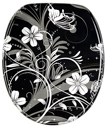 Sanilo Soft Close Toilet Seat, Stable Hinges, Easy to Mount, Wooden Toilet Seat White Flower