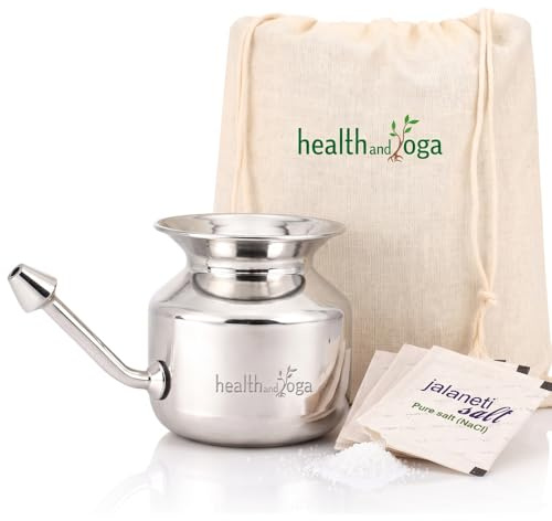 HealthAndYoga® SteloKleen Stainless Steel Jala Neti Pot (500ml) + HealthAndYoga® Pure Jala Neti Salt Sachets (Pack of 10) - Clears Congestion, Common Cold - Washes out Mucus, Dirt & Pollutants
