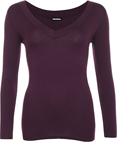WearAll New Ladies V Neck Long Sleeve Stretch Top Plus Size Womens Plain T-Shirt Purple 16/18
