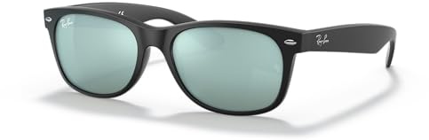 Ray-Ban Unisex RB2132 New Wayfarer Mirrored Square Sunglasses, Rubber Black/Light Green Mirrored Silver, 55 mm