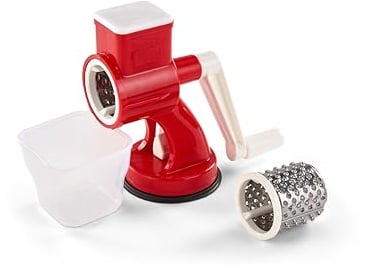 Rigamonti Universal Grater Manuale con Contenitore, Grattugia per Formaggio, Frutta e Verdura, Doppio Rullo in Acciaio Inox, BPA Free, Rosso, Lavabile in Lavastoviglie