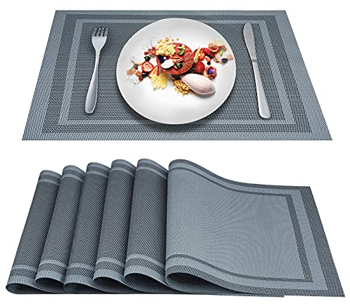 ARTAND Platzsets Abwaschbar 6er Set Vinyl Tischsets für Esstisch Küchen Platzset Dauerhaft PlatzdeckenTischzubehör -6er Set, 01 Silber Grau