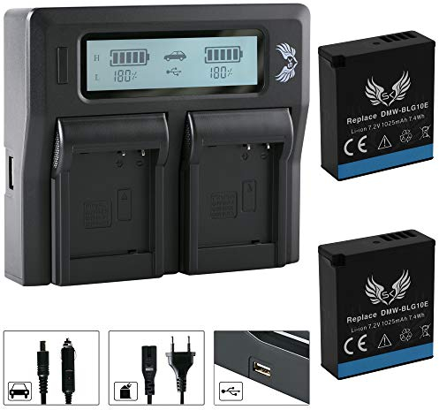 2X SK Akku Ersatz für Panasonic DMW-BLG10 / DMW-BLG10E 1025mAh + LCD Dual Charger für Panasonic DMW BLG10 BLG10E BLE9 DMW-BLE9E CS-BLG10MC