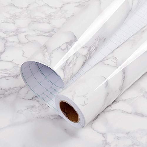 Hode Marmor Folie für Möbel Klebefolie Weiß Küche Marmoroptik, Möbelfolie Wandfolie Selbstklebend Mamorfolie, Weiss Hochglanz PVC Fensterbank Innen 40x300cm