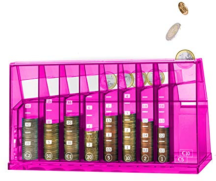 ECB Münzsortierer Euro Spardose | Für Büro und Kinderzimmer | Als Geschenk für Erwachsene und Kinder | Hergestellt aus recyceltem Material | Abschließbar (mit Schlüssel) | Transparent Pink