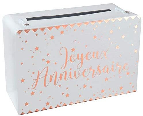 R/5671-1 Tirelire urne Joyeux Anniversaire Blanche et Rose Gold métallisée