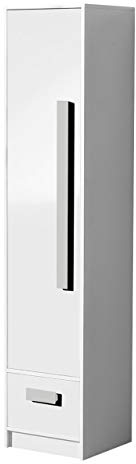 Schrank Guliver GR04 mit Schublade, Drehtürenschrank, Fronten in Hochglanz, Elegantes Schrank für Jugendzimmer (Weiß/Weiß Hochglanz + Grau)