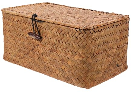 Aufbewahrungskorb mit Deckel, Rattan Korb, Geflochten Aufbewahrungskorb Seegras Aufbewahrungsbox Make-up-Organizer für Badezimmer Wohnzimmer Küche