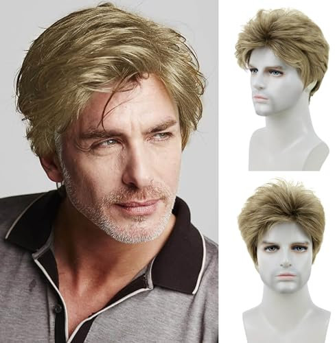 QUEENTAS Kurze Olivbraune Herrenperücke Natural Curl Synthetic Hair Daily Perücke für Männer Vatertagsgeschenke