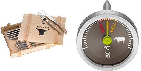 WMF Ranch Steakbesteck 12-teilig für 6 Personen, Steakgabel, Steakmesser & Steakthermometer analog, 2,6 cm, Fleischthermometer mit Garpunkte-Markierungen für rare, med, well, Bratenthermometer