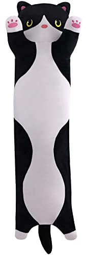 SNOWOLF Katze Weiche Kissen Plüsch Long Throw Schlafkissen Baumwolle Kätzchen Kissen Kuschelig Gefüllte Niedliche Plüschpuppe Spielzeug Stofftiere Plüschtier Geschenk (Schwarz, 90cm)