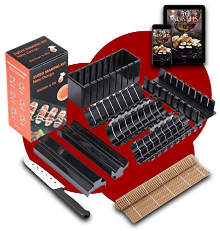 Kit Sushi Maker Mats/Molds con 50 ricette e 10 pezzi di video guida con coltello | Bamboo Mats/Mats| Sushi Maker Ideale per fare sushi e maki Idea