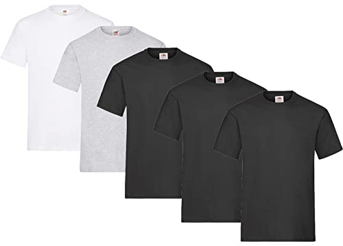 Fruit of the Loom Lot de 5 T-shirts en coton épais pour homme, Tailles M L XL XXL 3XL, différents assortiments de couleurs, L