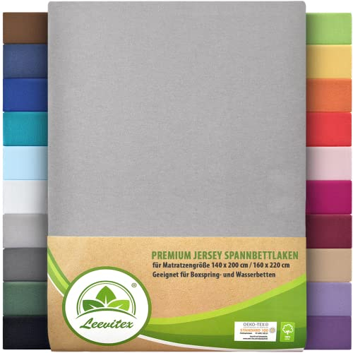 Premium Spannbettlaken, extra schwer und dick, 97% Mako-Jersey-Baumwolle und 3% Elasthan, auch Boxspringbett geeignet, 140 x 200-160 x 220 cm, Silber/Hellgrau