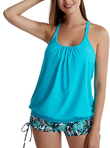 IHCEMIH Maillot de Bain Femme 2 Pieces Tankini Push up Rembourré Taille Haute Maillots de Piscine Plage Natation Été Beachwear Sport Vintage avec Imprimé Boxer Short Ensemble pour Femmes Bleu XL