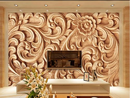 Papier Peint Panoramique Motif Fleuri Effet Sculpture Sur Bois Papier Peint Intissé 3D Murale Tableaux Muraux Tapisserie Salon Chambre