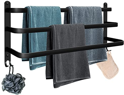 Handtuchhalter 70cm breit Gross ohne Bohren/Lochstanzen schwarz Handtuchstange,Aluminium Selbstklebend Badetuchhalter, 3-Stöckig Wand Handtuchstange mit Haken,Wasserdicht Rust handtuchhalter