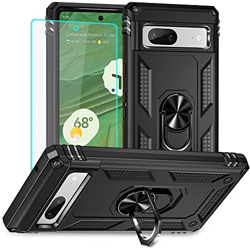 for Google Pixel 7A Case, Pixel 7A Case with HD Screen Protector, Silicone Shockproof Military Grade Protective Phone Cover with Ring Kickstand for Google Pixel 7A (Black)