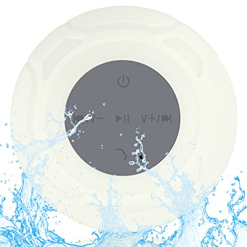 LUKADER Waterproof Bluetooth Shower Speaker Portable Wireless Water-Resistant Speaker Suction Cup,Built-in Mic Gifts for Kids Speakerphone Bathroom Kitchen - White