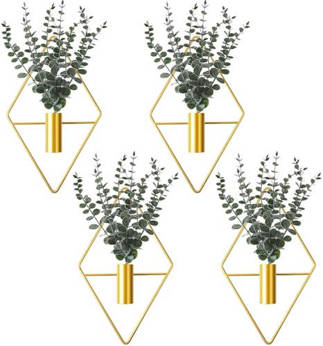 Jexine Lot de 4 Pots de Fleurs à Suspendre en Forme de Diamant avec Plantes artificielles géométriques en métal à Suspendre pour Salon, Salle de Bain, Maison (doré, Eucalyptus)