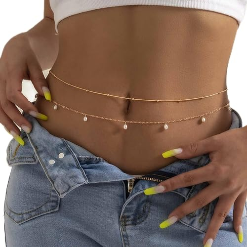 Atentuyi Geschichtet Perle Taille Kette Gold Perle Bauch Kette Perlen Körper Kette Sexy Geschirr Bikini Kette Sommer Strand Boho Quaste Taille Schmuck Zubehör Für Frauen Und Mädchen (2pcs)