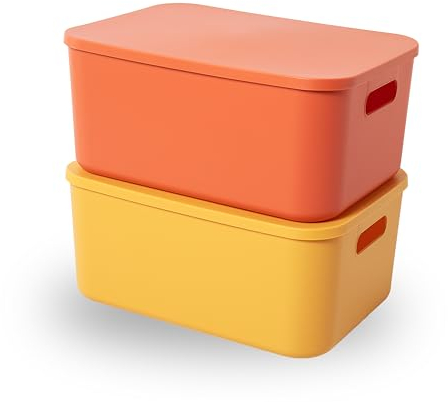 HapiLeap Storage Boxes With Lids, Stackable Plastic Storage Baskets for Shelves Kitchen Bathroom Playroom Classroom Office Nursery, 36 x 26 x16cm, (Medium (Yellow+Orange))