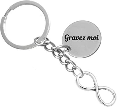 Porte-clés signe de l'Infini Médaille Gravée Personnalisable Argenté Unique Prénom Message Fête Anniversaire Identité Gravure laser idee cadeau femme