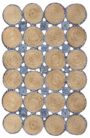 CASAVANI Teppich mit gewelltem Rand, natürliche Chindi-Baumwolle und Jute, rechteckig, beige und blau, Cape Cod Kollektion, gewebter Kelim-Teppich für Wohnzimmer, Esszimmer, Schlafzimmer, Küche