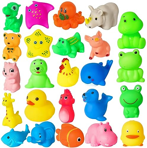 24 pièces de Animaux de Zoo et de mer Jouets de Bain pour bébé Jouets sonores compressables pour Tout-Petits garçons Filles bébé Baignoire Flottante Jouets de Piscine , Petit Canard/Poisson/ Mignon