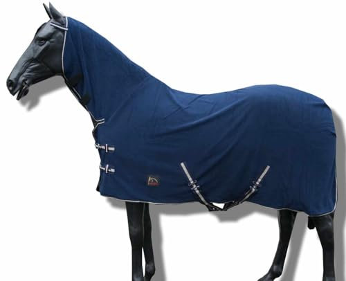 AMKA Abschwitzdecke Pferde Fleecedecke mit Halsteil Kreuzgurten blau 135-165 cm