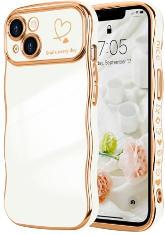 LCHULLE Kompatibel mit iPhone 13 Hülle Liebesherz Mädchen Handyhülle Wellen Lockige Form mit erhoben Kameraschutz Luxus Galvanisierte Schutzhülle Girls Case für iPhone 13 Weiß