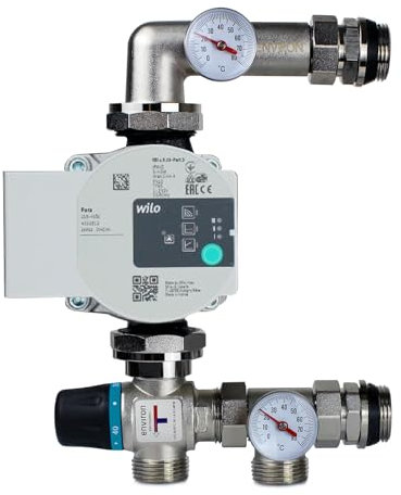 ENVIRON - Set di regolazione del valore fisso con Esbe VTA372 20-55°C e pompa ad alta efficienza | fino a 220 m2 | per gruppo di pompe per riscaldamento a pavimento | Ottone: CW 617N O - nichelato