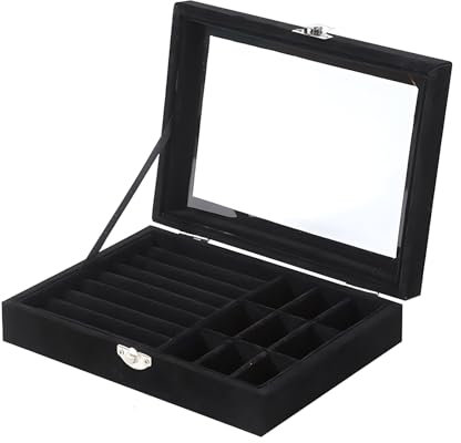 Hoshisea Joyero para Mujer, Joyero con Cerradura, Caja de Anillo Gris para Mujer, con Tapa de Vidrio Transparente, para Anillos, Gemelos, Pendientes y Collares (negro)