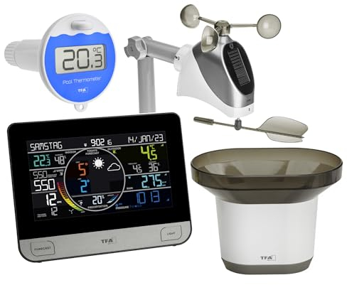TFA-Dostmann Funk-Wetterstation mit WLAN VIEW PRO TFA 35.8003.01.89 Pool Farbdisplay, Außensensor Wind/Temperatur/Luftfeuchtigkeit, Regenmesser, Luftdruck, App Profi-Wettervorhersage