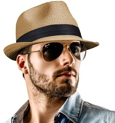 Chapeau Fedora en paille pour homme et femme - Pliable - Bord court - Chapeau de trilby - Chapeau de soleil Panama - UPF 50+, marron, M/L