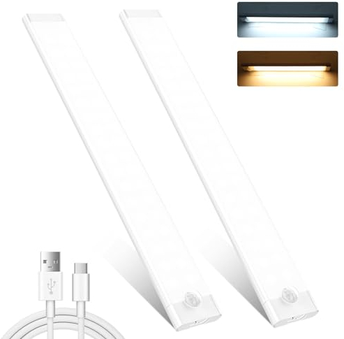 shirylzee Unterbauleuchte Küche LED, 2 Stück 72 LEDs Schrankbeleuchtung, 2000mAh Akku USB-C Wiederaufladbares bewegungsmelder licht mit Magnetische Lichtleiste for Kleiderschrank, Küche, Treppe