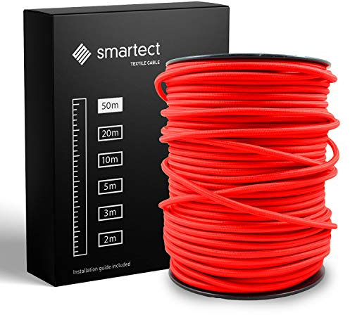 smartect Cable Textil en Color Rojo, Cable Electrico 3 Hilos de 50 Metros (3 x 0,75 mm²) Cuerda para Lampara con Revestimiento Textil para su Proyecto DIY