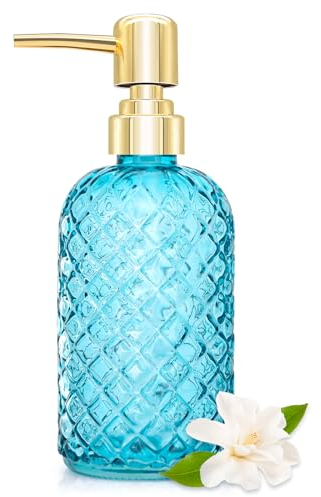 450ml Glass Soap Dispenser with Pump, 16 oz Diamond Cut Design Refillable Liquid Hand Soap Bottle Dispenser for Bathroom, Countertop, Kitchen Sink, Laundry Room, Home Decor Accessories Blue