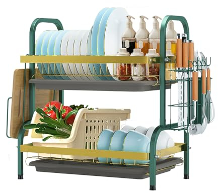 Mointal Dish Drainer, Space Saving Drainer for Kitchen Storage with Utensil Knife Holder, Cutting Board Stand, Dish Drying Rack (Gold - Green)