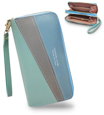 FuninCrea Portefeuille Femme Grand Porte Monnaie Femme Double Poche Zippée Porte Feuilles pour Femme, Porte Feuille Femme Longue avec Dragonne Détachable et Fentes pour Cartes Multiples
