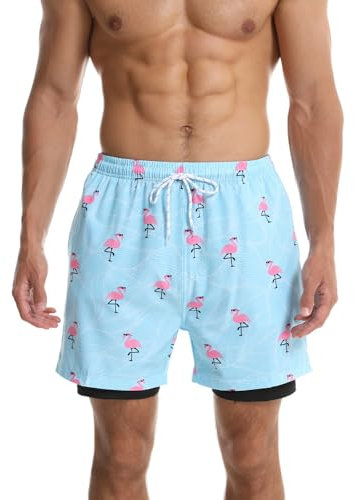 Short de sport 2 en 1 pour homme - Séchage rapide - Avec doublure intérieure - Short de plage - Short de bain pour le surf et la natation, bleu clair, flamant rose, XL