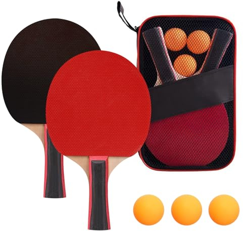 JurciCat Raquetas de Ping Pong - Juego Con 2 Palas, 3 Pelotas Y Bolsa de Transporte para Interior Y Exterior (Mango Largo)